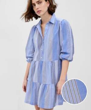 GAP Blue Mixed Stripe Tiered Puff Sleeve Cotton Shirt Mini Dress Sz S